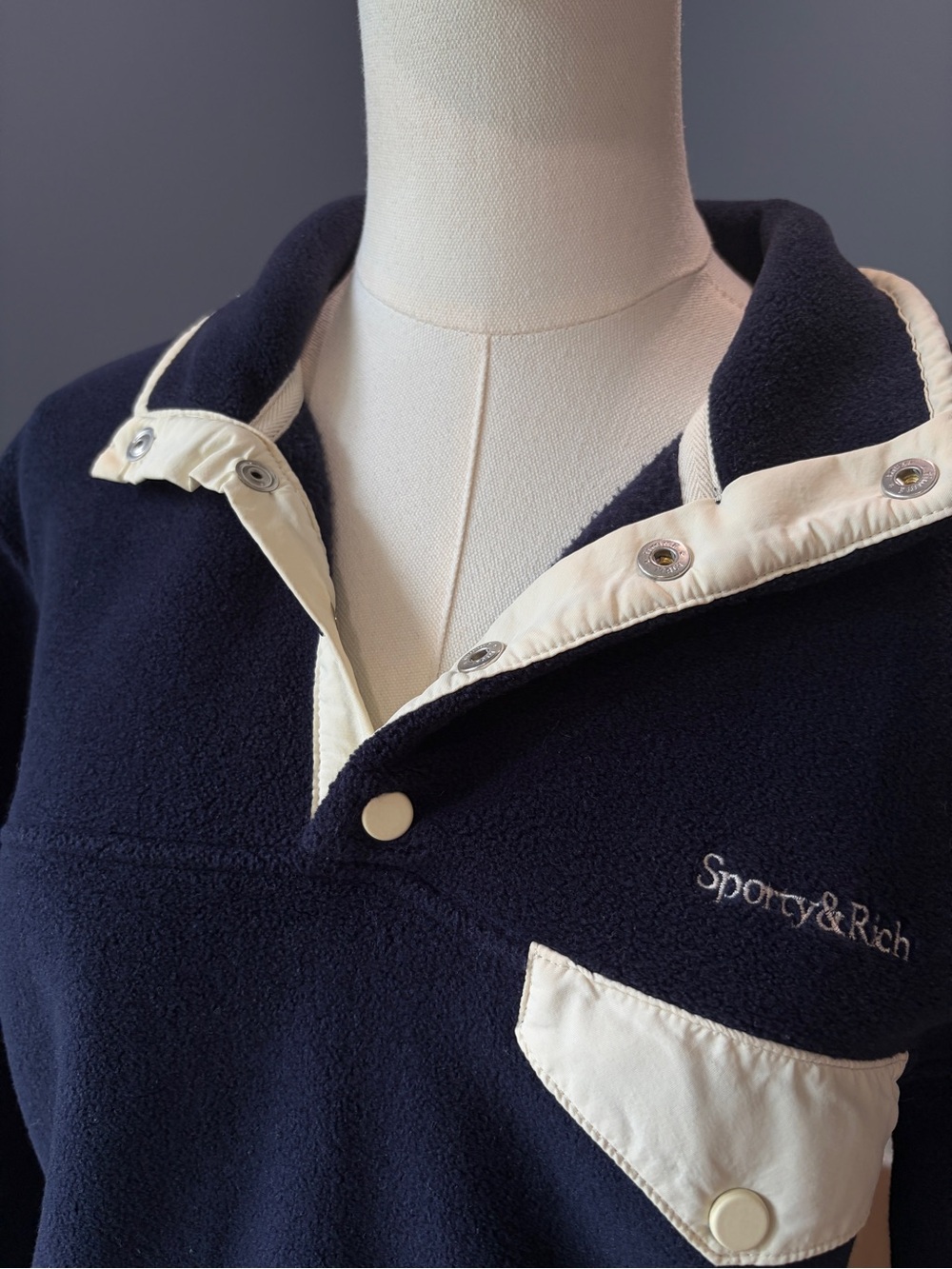 Sporty & Rich Navy Fleece Snap Pullover Jacket Size L Cream Trim - Picture 4 of 9